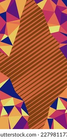 Vertical abstract background with stripes and polygonal diamond texture ornament. Vertical abstract collage of lowpoly decorative ornament overlay on stripes background.