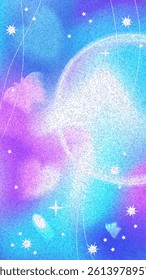 Vertical abstract background in Y2K style with glowing stars, dreamy gradients, and vibrant galaxy atmosphere. Ideal for stories, posters, or digital design. Stock vector illustration in y2k style.