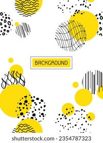 Vertical Abstract background with yellow circle. doodle black Patterns with curve lines, dots and spot. modern trendy Vector Backgrounds. Hand drawn.