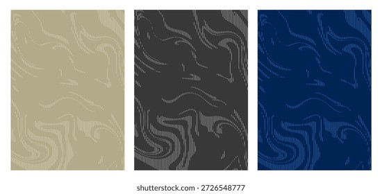 Vertikale abstrakte Hintergründe mit organischen wellenförmigen Linienmustern in Beige, Dunkelgrau und tiefen Blautönen, ideal für moderne Kunstdrucke und minimalistisches Grafikdesign