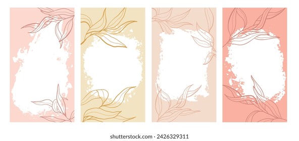 Vertical abstract backgrounds set. Vector social covers templates with copy space for text. Charcoal swirls crayon illustrations in pastel colors with elegant tropical leaves and charcoal smears.