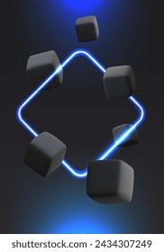 Vertical abstract banner with blue neon rhombus and 3D black cubes. Trendy vector illustration