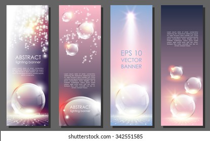 Vertical abstract banner template set. Transparent glass sphere on light effect background