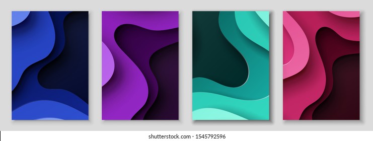 Vertical abstract banners with 3D with paper cut waves .Contrast colors. Vector design layout