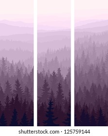 Vertical abstract banners of hills of coniferous wood in dusk with violet shade.