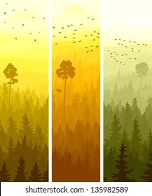 Vertical abstract banners of hills of coniferous wood with folk birds in yellow and orange tone.