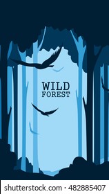 Vertical abstract banners of wild bird in forest with trunks of trees