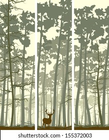 Vertical abstract banners of wild deer in forest with trunks of pine trees.