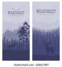 Vertical abstract banners of wild deer in forest with trunks of trees.