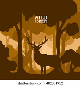 Vertical abstract banners of wild deer in forest with trunks of trees