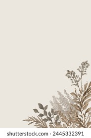 Vertical Abstract Beige Background Without Text with Watercolor Branches, Pampas Grass, Dry Grasses for Cards, Covers, Invitations. Vector