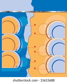 Vertical abstract blue-orange background in technical style with circles and rivets