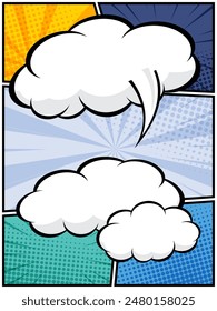 Vertical cómic abstracto, arte pop diseño de dibujos animados Plantilla de medio tono de fondo punteado con espacio en blanco para agregar su Ilustración vectorial de texto