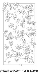 senkrechte abstrakte Rahmen mit blühenden Zweigen der Kirsche, Blätter, fliegenden Schmetterlinge, blasst verstreute Sakura. Umrisszeichnung von Blumen für Ihr Farbbuch