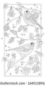 vertical abstract frame with couple of curious birds on branches of rowan, flying leaves, berries. funny outline drawing of autumn nature for your coloring book