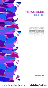 Vertical abstract geometric border design on white background. Blue stripe triangles vector illustration.