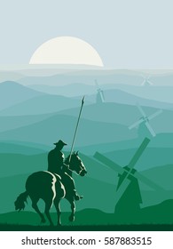 Vertical abstract illustration of horseman (Don Quixote) with spear galloping in front of meadows windmills.