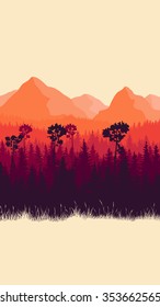 Vertical abstract illustration of mountains and coniferous forest with grass (in red tone).