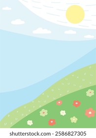 Vertical abstract landscape with a lawn with flowers against the sky of the sun and clouds. Banner with summer day. Vector flat graphics.