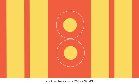 Layout abstrato vertical com blocos laranja e amarelo com círculos concêntricos e listras gráficas.