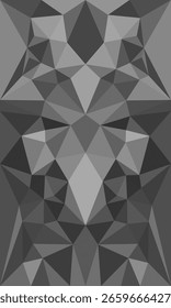  Vertical abstract low poly design in grayscale tones, featuring symmetrical geometric shapes and sharp triangular facets forming a modern and dimensional pattern.