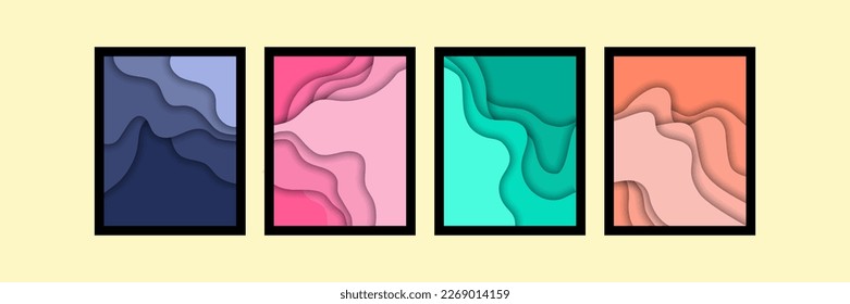 Afiches de efecto de corte de papel abstracto vertical establecidos. Banderas de colores vivos estéticos ondulados. Decoración de arte en la pared con curvas. Medios sociales, volantes, plantilla de tarjetas. Ilustración vectorial.