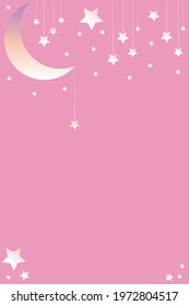 Vertical abstract pink background with copy space - pastel banner, poster, post card, cover design template, social media wallpaper with moon and stars. Gradient white, yellow and purple. Good night