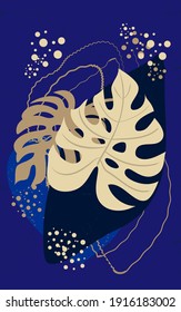 Vertical abstract poster design with monstera leaves, spots, lines, and dots on bright electric blue background. The design concept for wall decoration, as postcard or brochure design