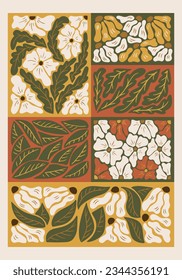 Vertical abstract retro floral graphic poster. Hand drawn vector botanical illustration in flat minimalistic style Vintage trendy composition. Ideal for interior decoration, posters, t shirt print