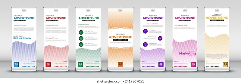 vertikale abstrakte Roll-up-Banner für Vorführmodelle, Präsentationen, Veranstaltungen, Ausstellungen, Handel, Werbedesigns in Blau, Rot, Grün, Orange, Violett, Rosa und Gelb, druckfertige Farben
