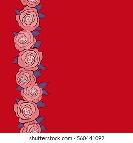 Vertical abstract seamless pattern in neutral, red and blue colors. Vector background illustration. Nature rose flowers with copy space (place for your text).