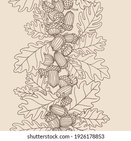 vertical abstract seamless pattern of oak acorns, for ornament and backdrops designs, border, frame, vector illustration with contour lines on a creamy background in doodle and hand drawn style