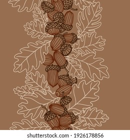 vertical abstract seamless pattern of oak acorns, for backdrops designs, textiles, fabrics, vector illustration with colored contour lines on a brown background in doodle and hand drawn style