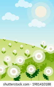 Vertical abstract summer background with copy space - pastel banner, poster, post card, cover design template, social media wallpaper with blue sky, green field with white dandelions. Nature, ecology