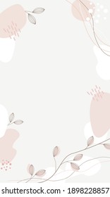 Fondo de moda abstracto vertical con hojas y puntos. Plantilla para historias, redes sociales. Colores pasteles. Tonos desnudos. decoración de textura. Creativo minimalista.