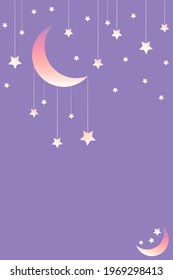 Vertical abstract violet background with copy space - pastel banner, poster, post card, cover design template, social media wallpaper with moon and stars. Gradient white, yellow and pink. Good night