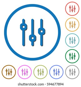 Vertical adjustment flat color vector icons with shadows in round outlines on white background