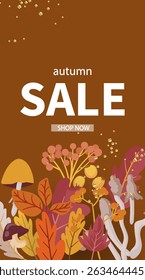 vertical Advertising banner of the autumn sale with foliage on a dark background with a neon inscription discounts . Seasonal discount offer in the store with red and orange leaves, Sale,