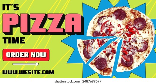 Vertical advertising banner with pizza in retro collage style. Sliced ​​pizza with halftone effect. Y2000 style pizza day special offer template.