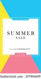 Vertical advertising banner of summer offers. 70% discount using the code. Pink, yellow and light blue background. For stories on social networks.