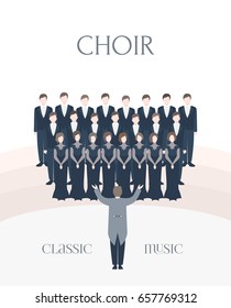 Vertical advertising poster of performance classical choir. Man and woman singers together with conductor. Colorful vector illustration in flat style with lettering.