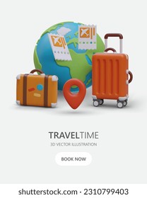 Vertical advertising of tourist trips. 3D Earth with red geotag, suitcase, luggage, airline tickets. Layout with free space at bottom for text. Button link to booking page