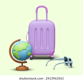 Vertical advertising travel concept. Large purple suitcase, globe, glasses. Mockup on colored background. Modern vacations in another country. Interesting cruise