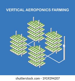 Vertical aeroponic system for growing plants without soil. Vegetables and grasses growing in the water flow system. Isometric illustration.