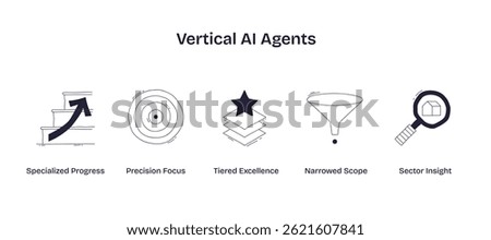 Vertical AI Agents concept with icons of stairs, target, star layers, funnel, and magnifying glass, representing specialization and focus. Doodle style icons