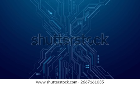 Vertical AI circuit board tech pattern on dark blue background. Technology innovation concept. AI chip, semiconductor, and electronics components on a modern web cover. Vector illustration