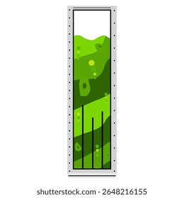 Tanque de biorreator de algas verticais preenchido com líquido verde e bolhas. Ideal para conceitos de biocombustível, biotecnologia ou ficção científica. Vetor limpo, isolado no branco.