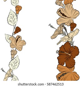 Vertical aloha Hawaiian T-Shirt vector seamless Hibiscus Pattern On white Background in orange and beige Colors with copy space (place for your text).