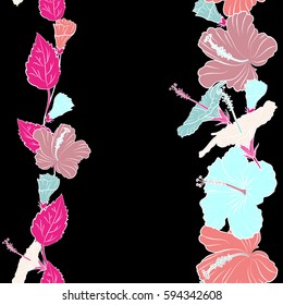 Vertical aloha Hawaiian T-Shirt vector seamless Hibiscus Pattern On black Background in pink and magenta Colors with copy space (place for your text).