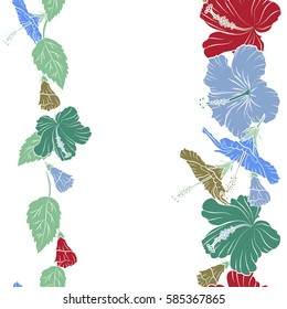 Vertical aloha typography with hibiscus floral illustration for t-shirt print, seamless pattern vector illustration in blue and red colors with copy space (place for your text) on a white background.